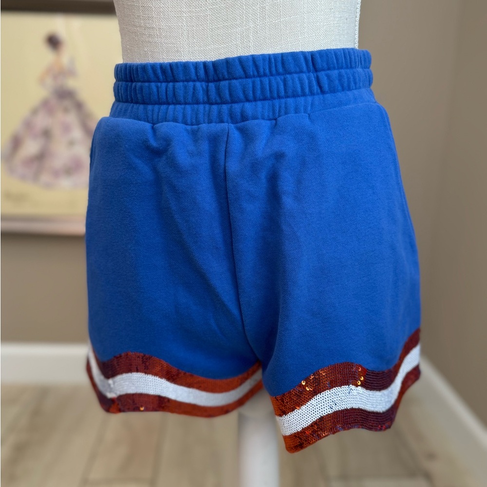 New! QUEEN OF SPARKLES Blue White and Orange Sequin Wavy Trim Shorts